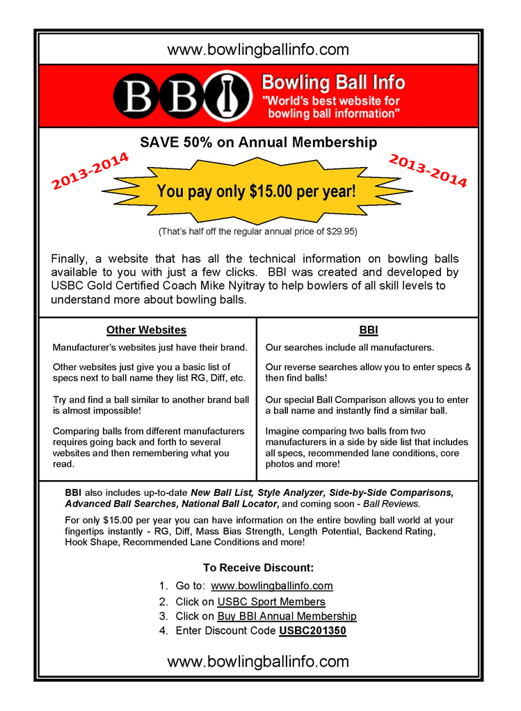 Bowling Ball Info (BBI) membership discount for USBC Sport Bowling members